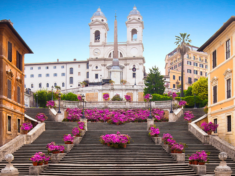 Spanish,Steps,In,The,Morning,With,Azaleas,In,Rome,,Italy.
